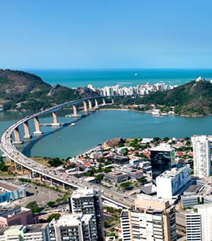 Vitoria Skyline In Vitoria Espirito Santo Brazil. Aerial View Of A High-Rise Buildings And Traffic Showcasing Urban Life. Business Sky Background Downtown Cityscape. Business Downtown Panning Wide.