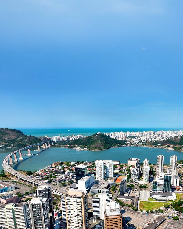 Vitoria Skyline In Vitoria Espirito Santo Brazil. Aerial View Of A High-Rise Buildings And Traffic Showcasing Urban Life. Business Sky Background Downtown Cityscape. Business Downtown Panning Wide.