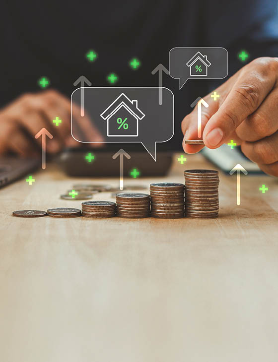 Business investor stacking coins with house and percentage icons, property investment, mortgage interest, financial growth, savings plan, real estate returns and long term wealth management strategy.